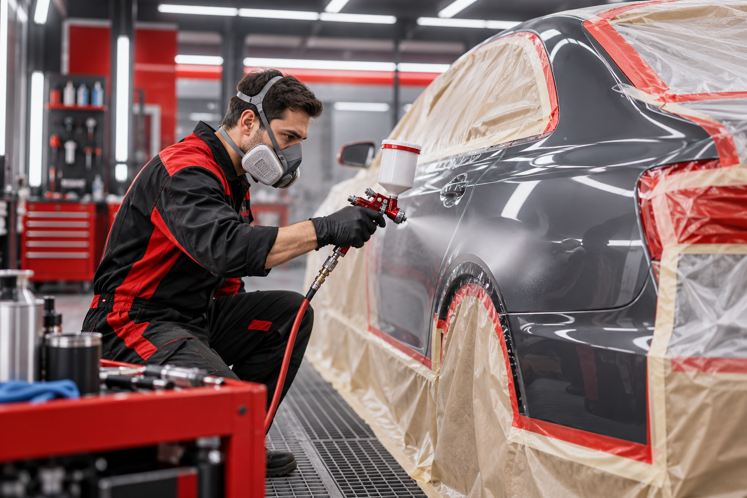 Technician spray painting a red car body